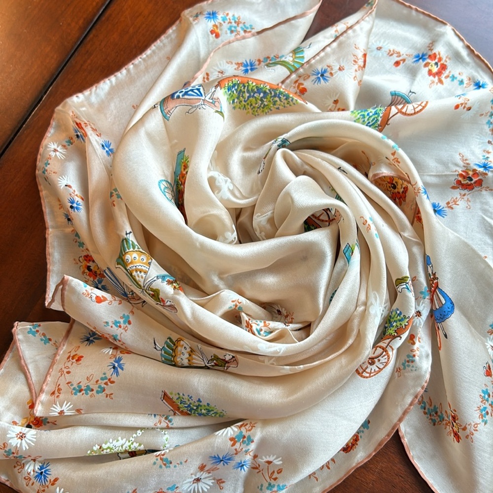 Double sided luxury 💯 silk scarf breathable 3D garden print hand rolled edge